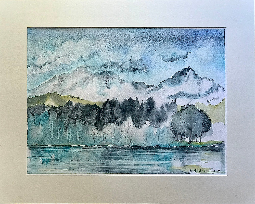 Štrbské pleso akvarel zima zarámované, Vavrínová