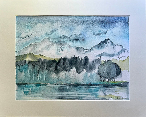 Štrbské pleso akvarel zima zarámované, Vavrínová