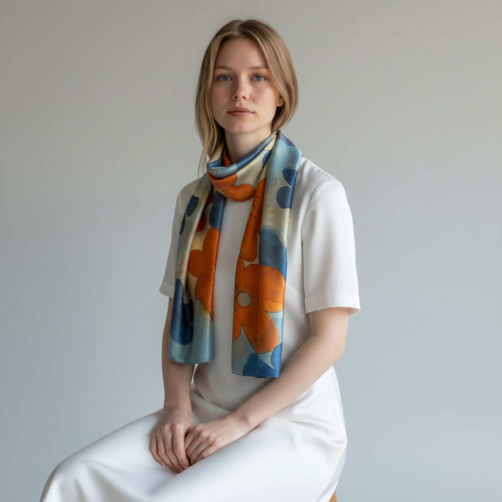 Magis Art Shop hand-painted silk scarf in blue and orange with floral patterns worn by a woman in a white dress.