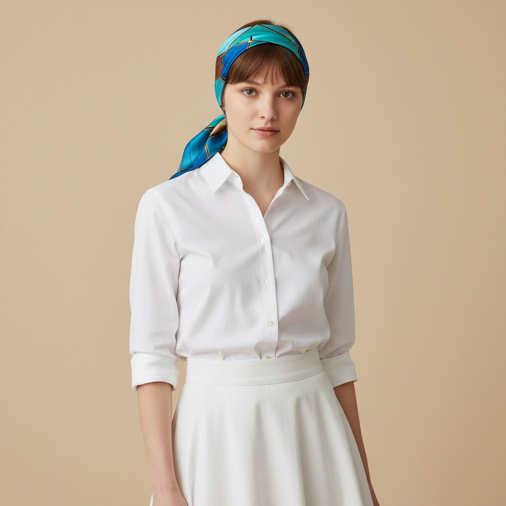 Magis Art Shop blue and turquoise silk scarf with gold trim worn as a headscarf by a woman in a white shirt