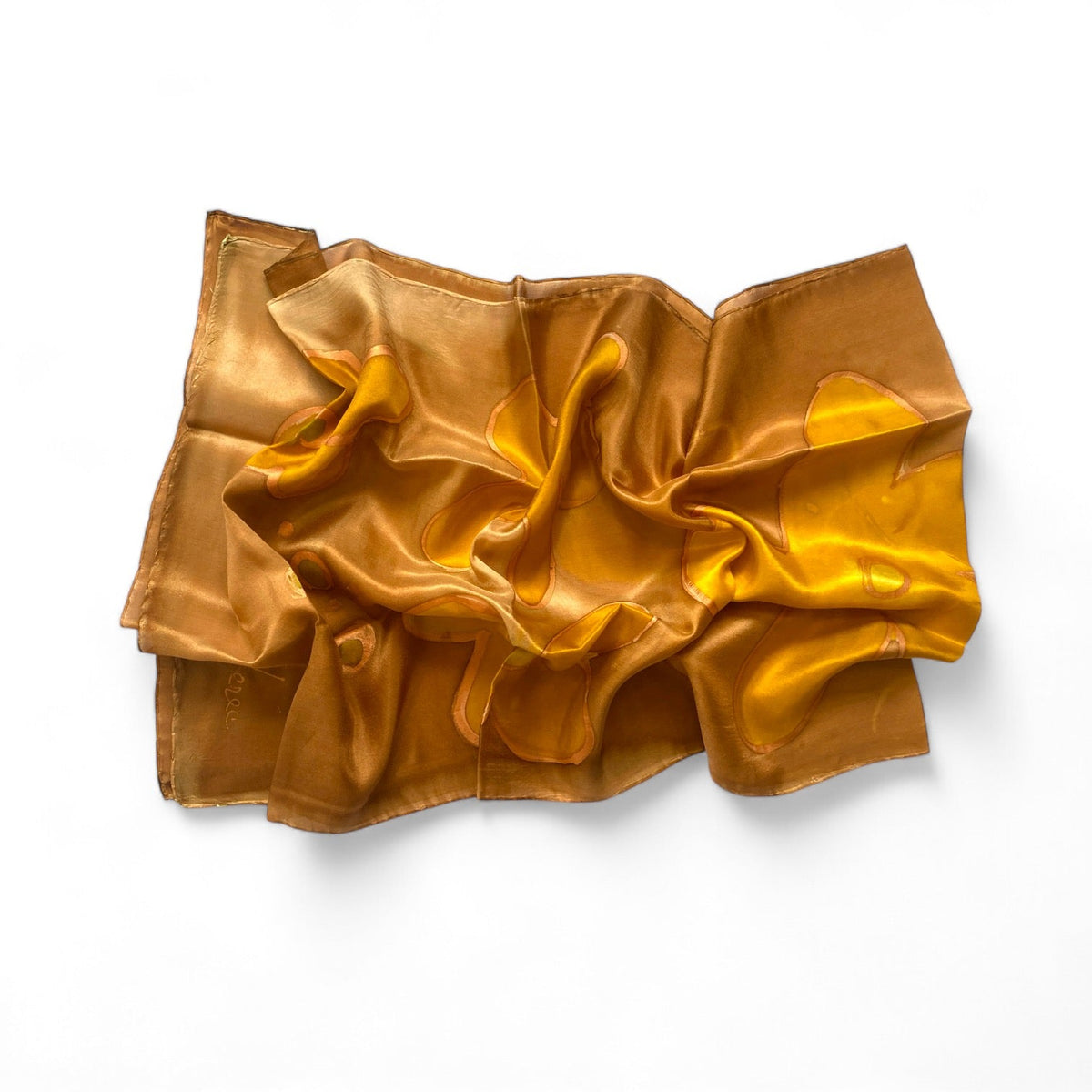 Magis Art Shop hand-painted brown and honey silk scarf with artistic patterns and a soft, lustrous texture.