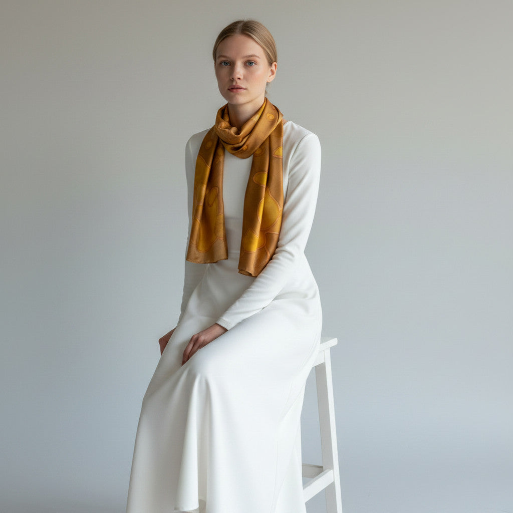 Magis Art Shop hand-painted brown and honey silk scarf worn by a woman in a white dress against a neutral background