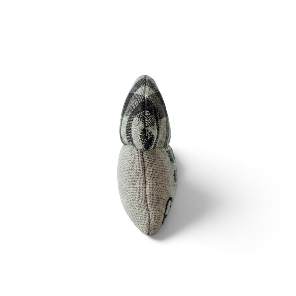 Magis Art Shop small brown textile house brooch with a plaid roof pattern, side view