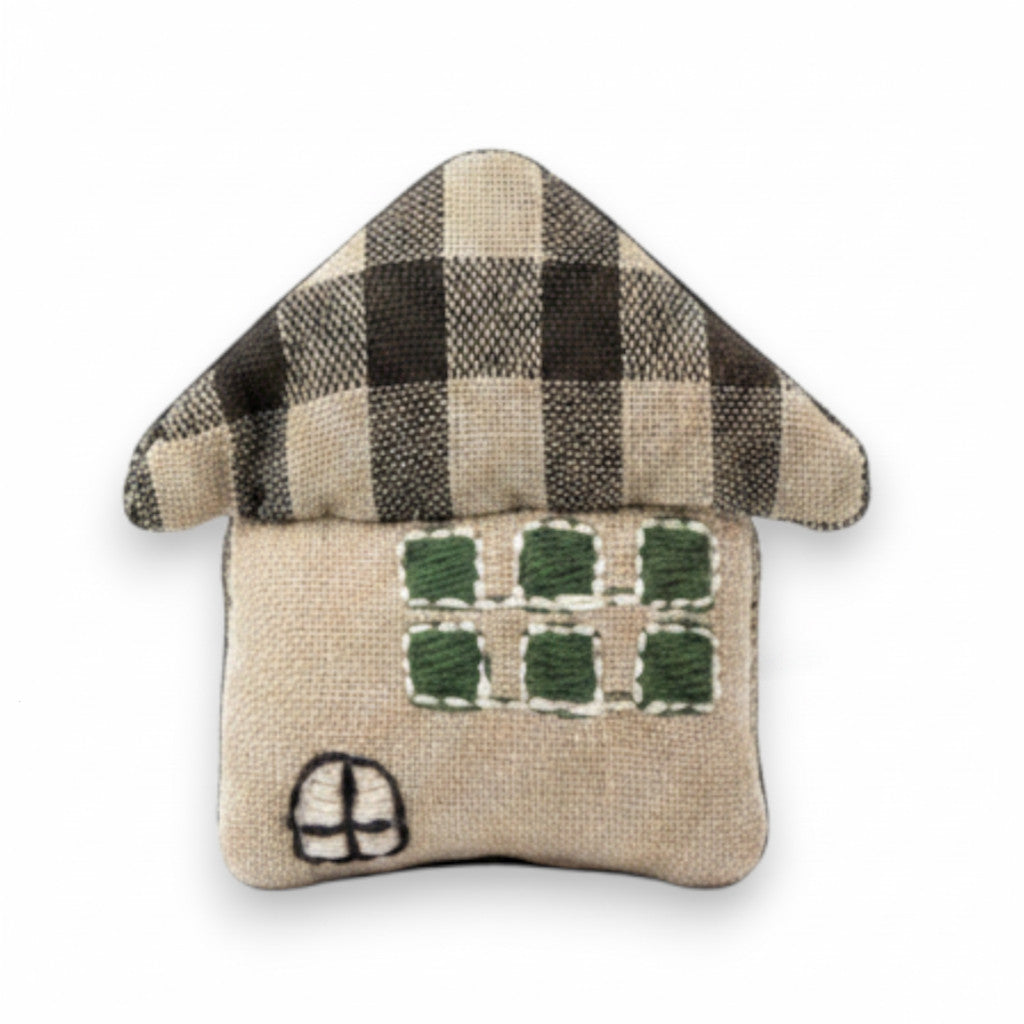 Magis Art Shop small brown textile house brooch with a plaid roof and embroidered green window details.
