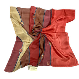 Magis Art Shop hand-painted burgundy and brown silk scarf with abstract circular patterns and striped details