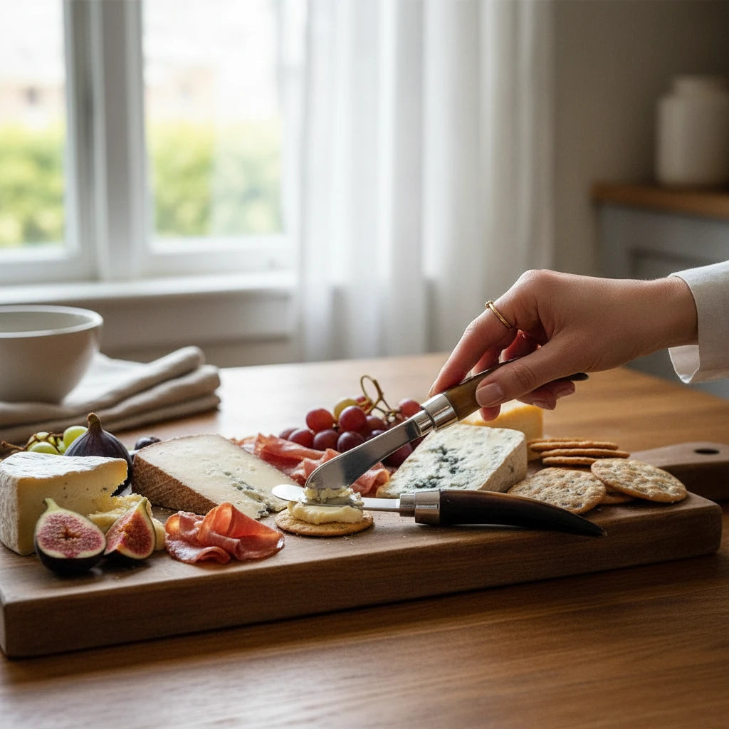 Magis Art Shop butter knife with steel blade and tortoiseshell handle spreading cheese on a cracker on a wooden board
