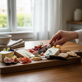 Magis Art Shop butter knife with steel blade and tortoiseshell handle spreading cheese on a cracker on a wooden board