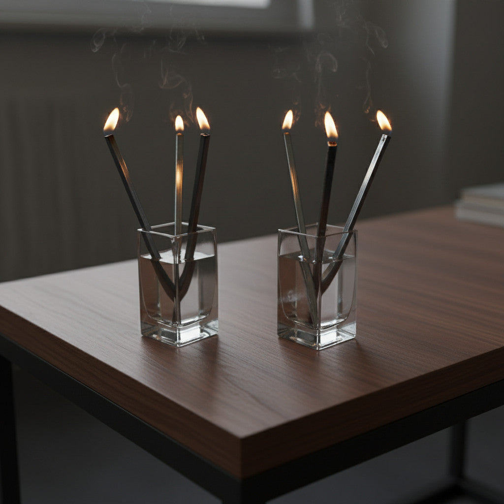 Magis Art Shop ByNo glass oil lamps with metal wicks burning on a wooden table, creating a cozy atmosphere.