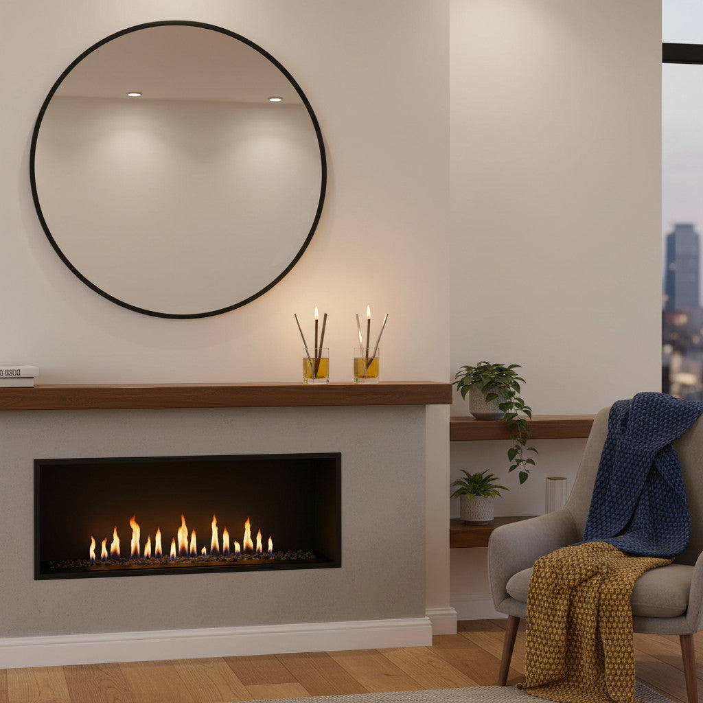 Magis Art Shop ByNo glass oil lamps with flickering flames on a fireplace mantel in a cozy modern living room.