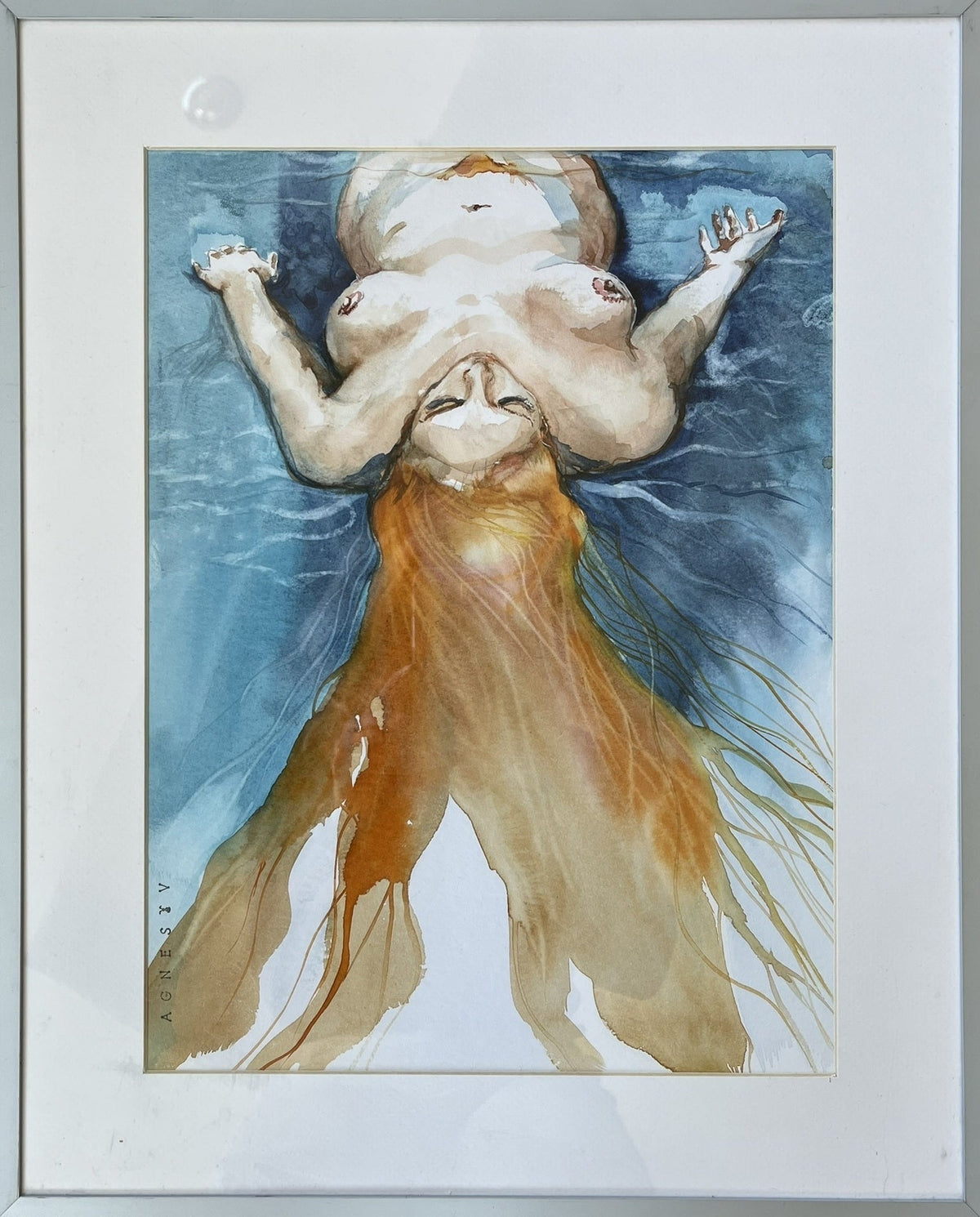 Magis Art Shop original watercolor painting Carpe Diem I by Agneša Vavrinová featuring a woman floating in blue water