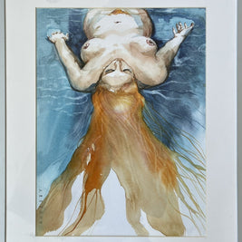Magis Art Shop original watercolor painting Carpe Diem I by Agneša Vavrinová featuring a woman floating in blue water