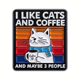 Magis Art Shop enamel pin featuring a white cat holding a coffee mug against a retro sunset background
