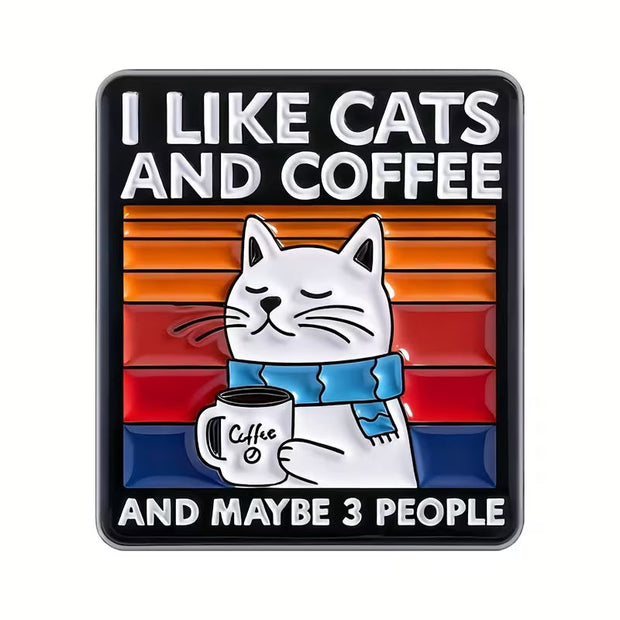Magis Art Shop enamel pin featuring a white cat holding a coffee mug against a retro sunset background
