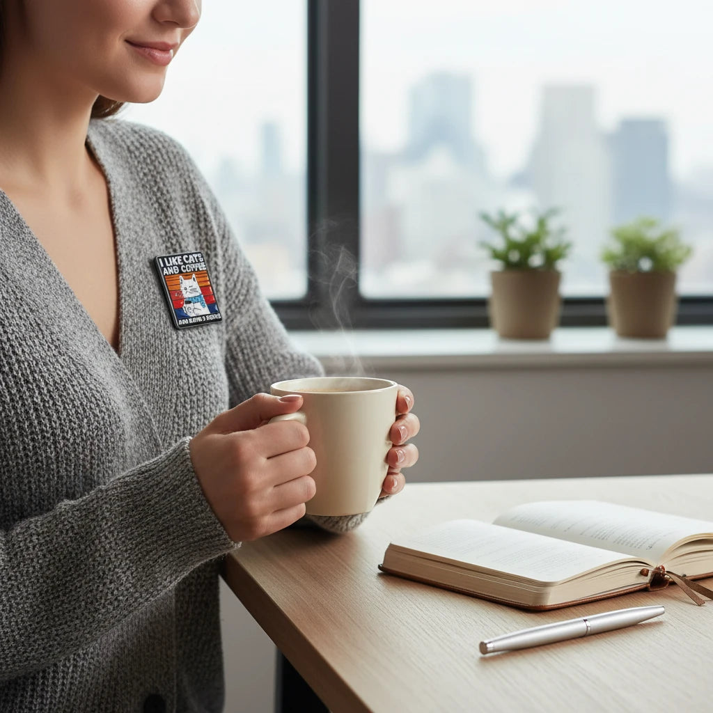 Magis Art Shop rectangular pin badge featuring a cat and coffee illustration worn on a woman's grey sweater.