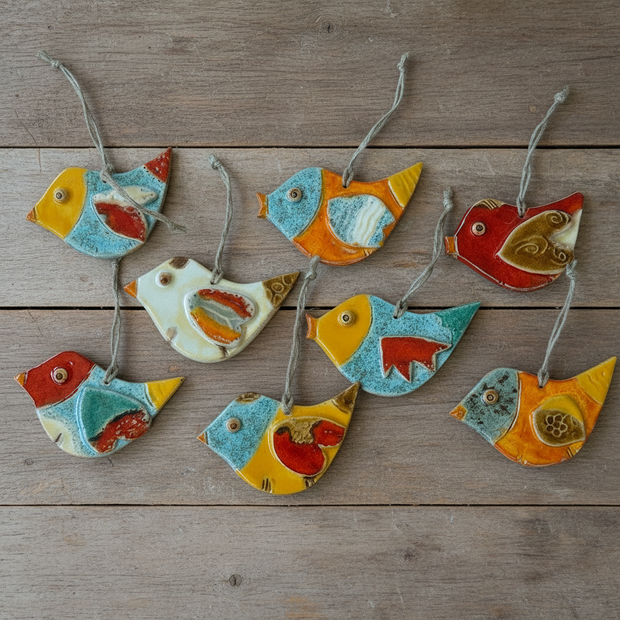 Magis Art Shop ceramic bird ornaments with colorful glazed patterns and hanging strings on a rustic wooden background