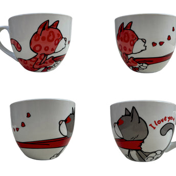 Magis Art Shop ceramic mug featuring NICI cat illustrations with red hearts and I love you text on white background