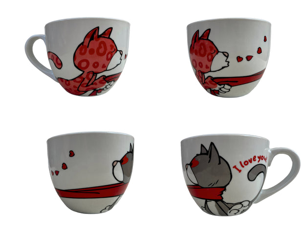 Magis Art Shop ceramic mug featuring NICI cat illustrations with red hearts and I love you text on white background