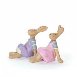 Magis Art Shop ceramic Easter bunny figurines in purple overalls and a pink polka dot dress, 11cm tall.