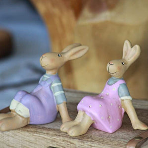 Magis Art Shop ceramic Easter bunny figurines in purple and pink outfits, 11cm tall handmade spring home decor