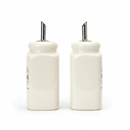 Magis Art Shop set of two cream ceramic oil and vinegar cruets with stainless steel pourers, 13 cm tall