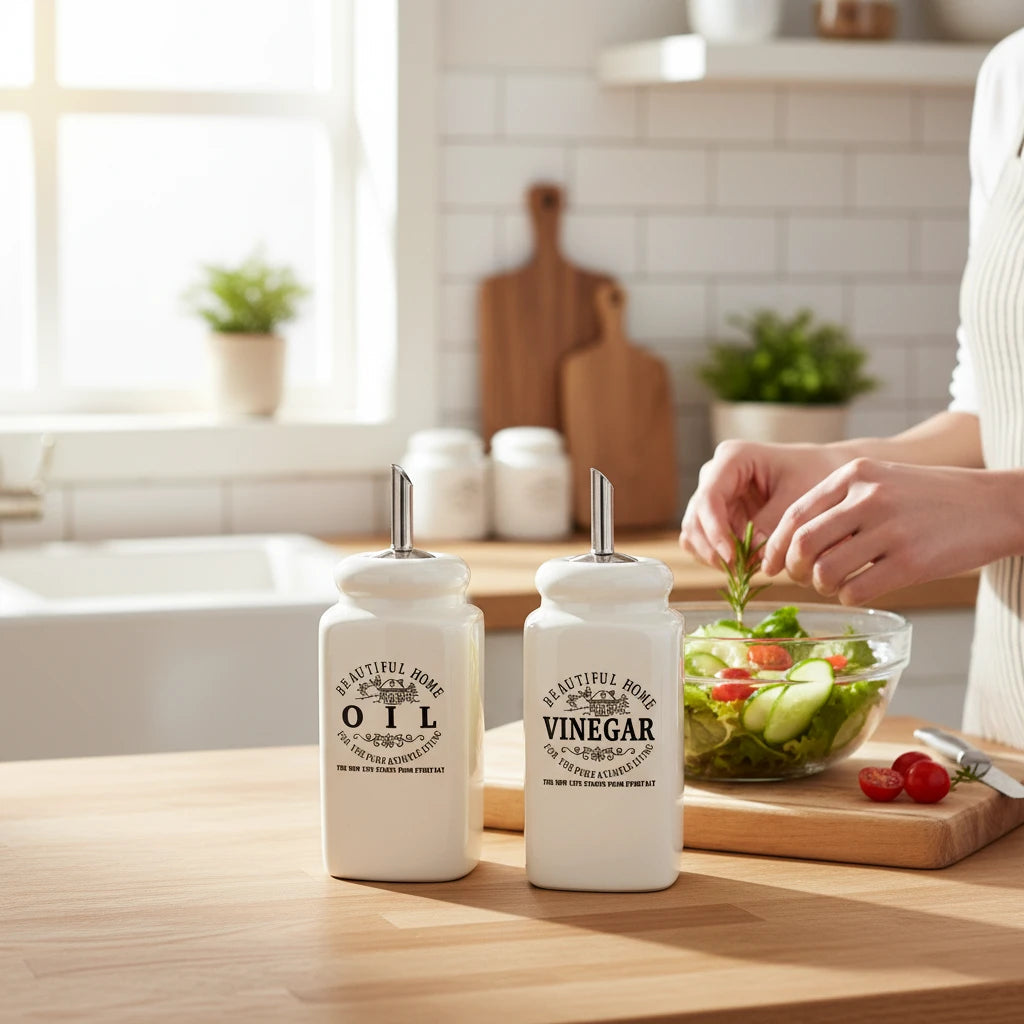 Magis Art Shop set of two white ceramic oil and vinegar dispensers with metal pourers on a wooden kitchen counter