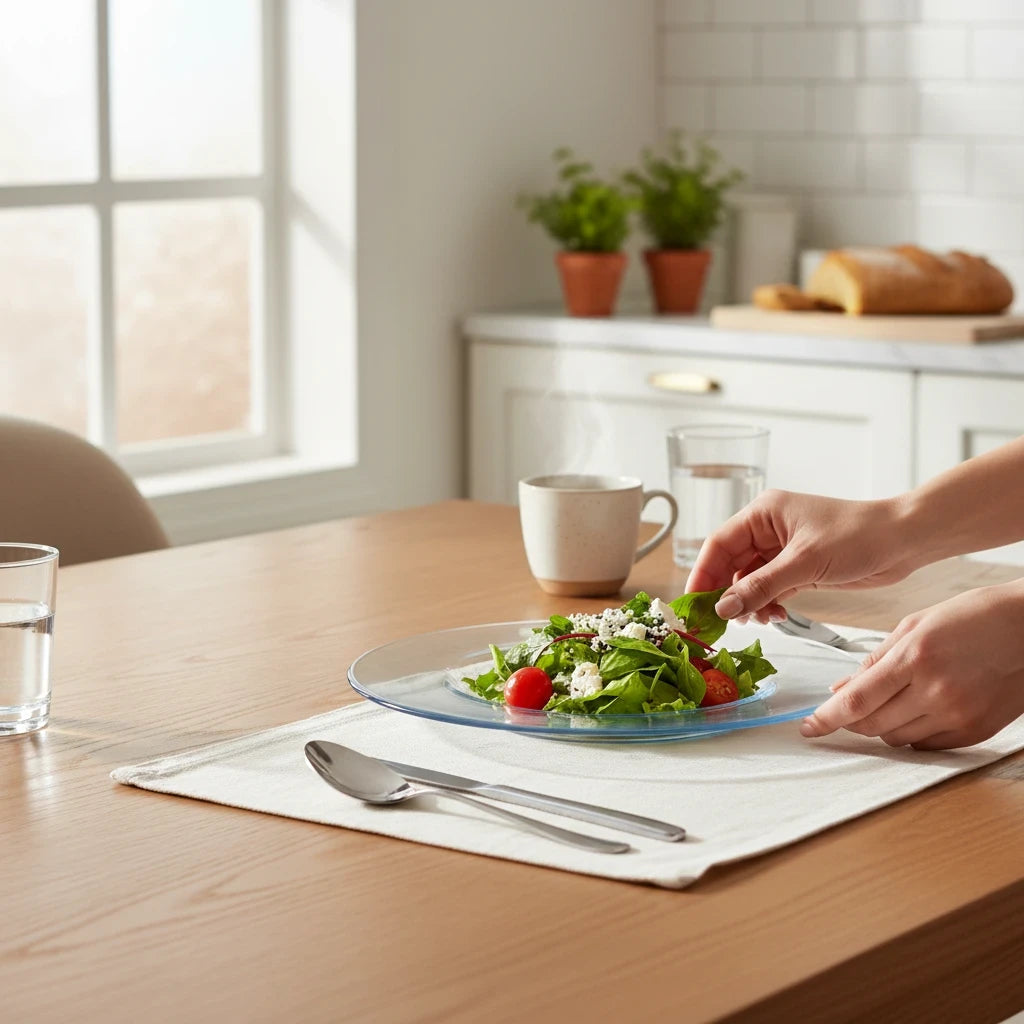Magis Art Shop clear glass decorative plate with a fresh salad on a wooden dining table