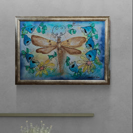 Magis Art Shop silk painting by Elena Ruta featuring a golden dragonfly surrounded by blue bells and yellow daisies.