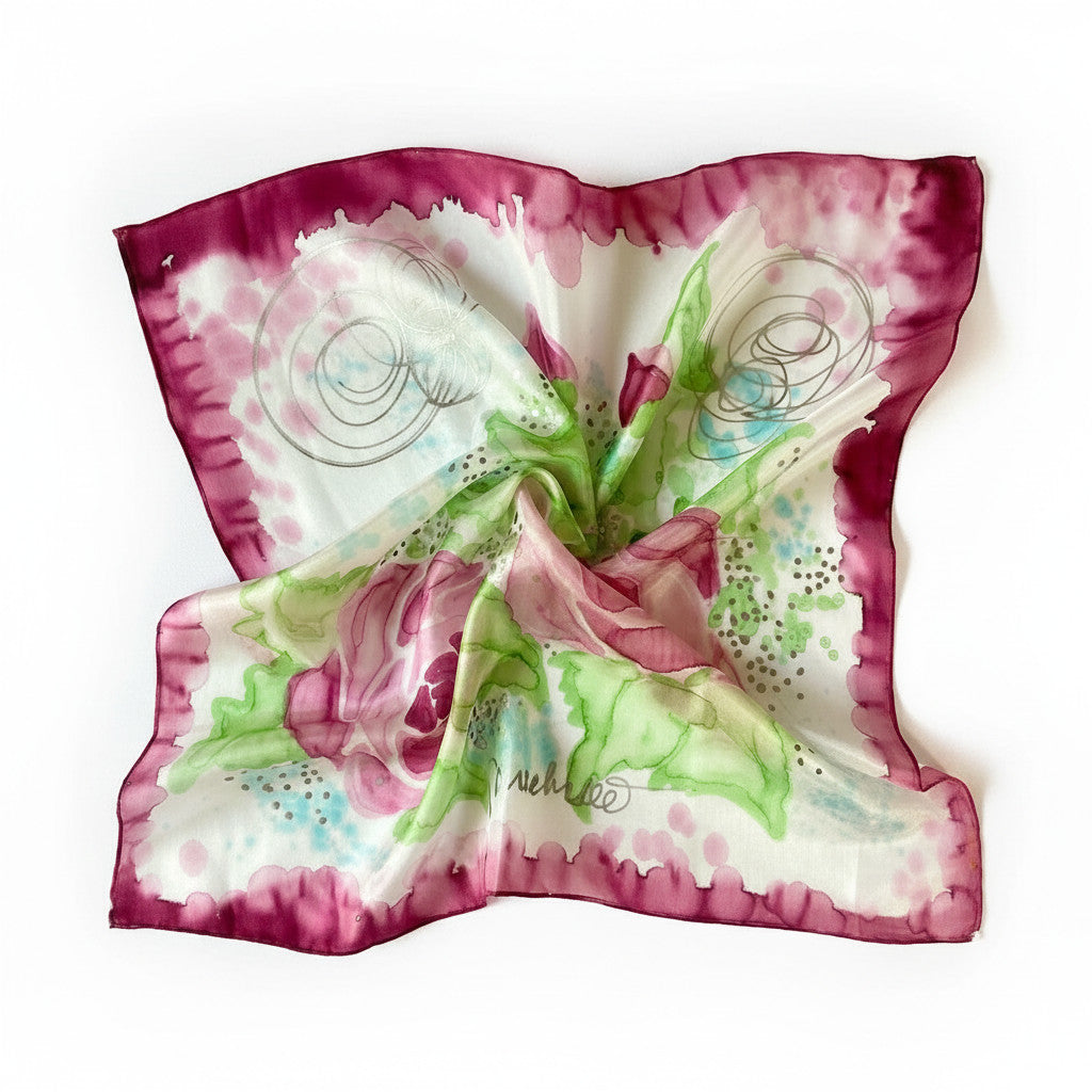 Magis Art Shop Elena Ruta Marchallé square silk scarf with hand-painted pink floral and abstract green patterns