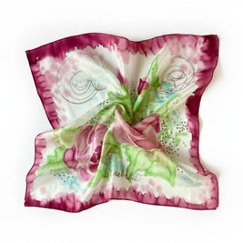 Magis Art Shop Elena Ruta Marchallé square silk scarf with hand-painted pink floral and abstract green patterns
