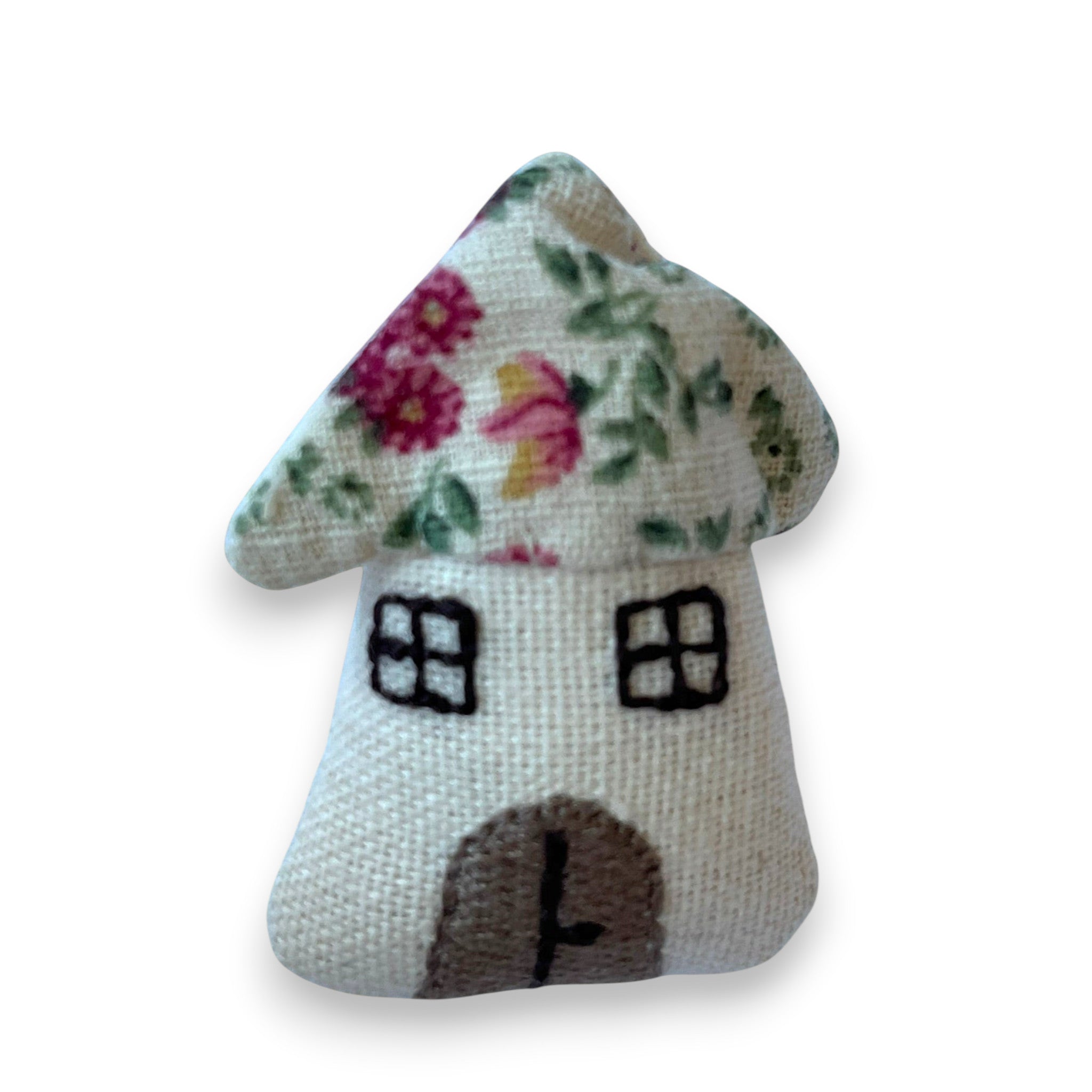 Magis Art Shop handmade fabric brooch shaped like a house with a floral roof and embroidered details