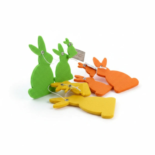 Magis Art Shop felt bunny hanging decorations in green, yellow, and orange in three different sizes.