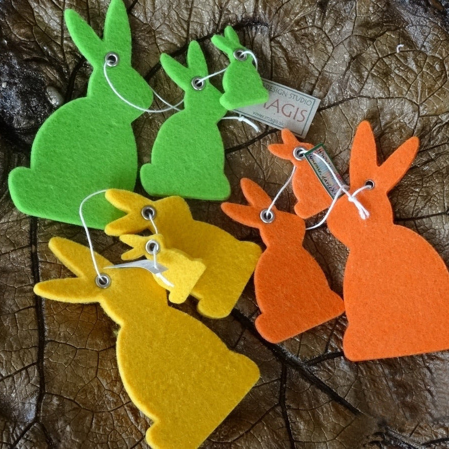 Magis Art Shop felt bunny hanging decorations in green, yellow, and orange, available in three different sizes.