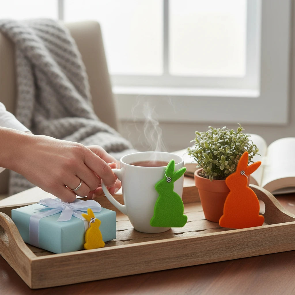 Magis Art Shop felt bunny hanging decorations in yellow, green, and orange on a wooden tray with a tea cup.
