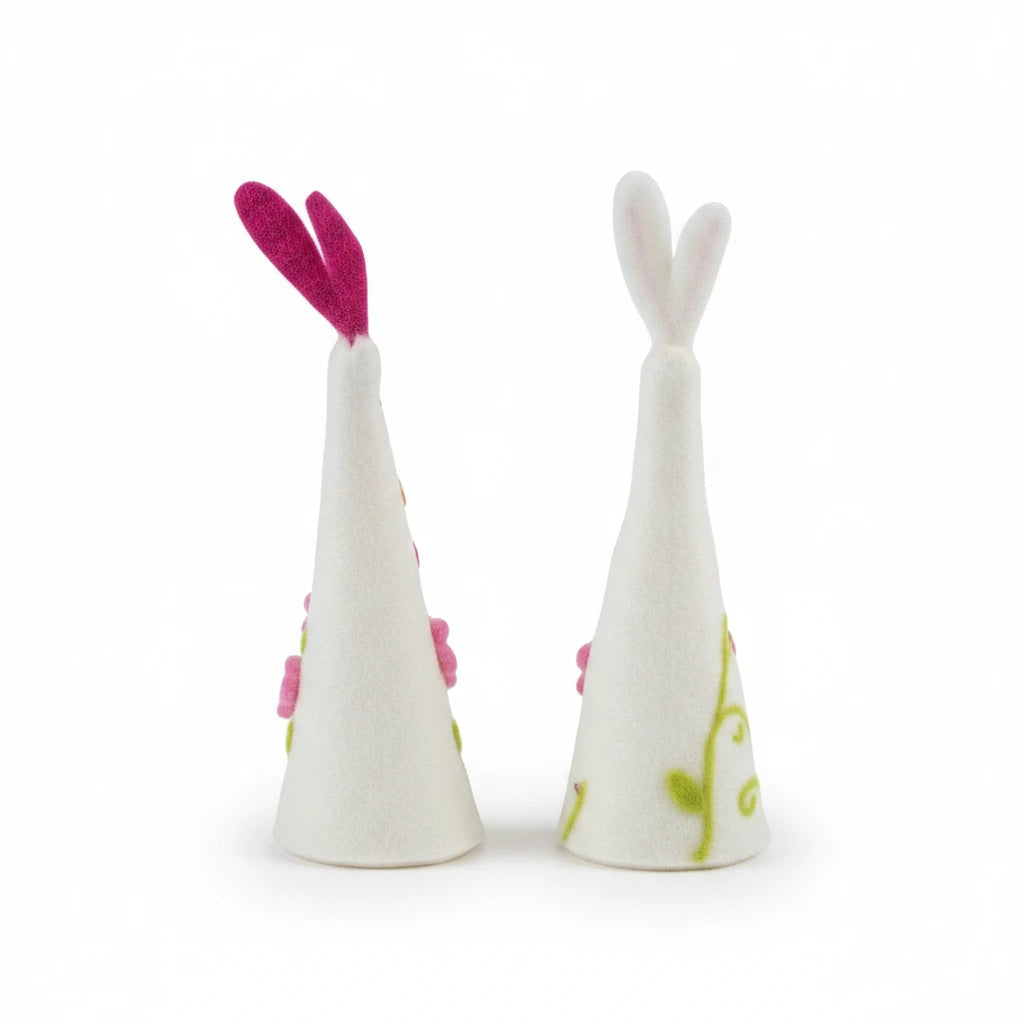 Magis Art Shop felt Easter bunny and rooster decorations in white with pink and green floral accents