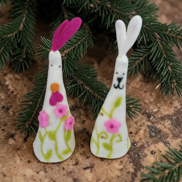 Magis Art Shop felt Easter rooster and bunny decorations with floral patterns, perfect for egg covers.