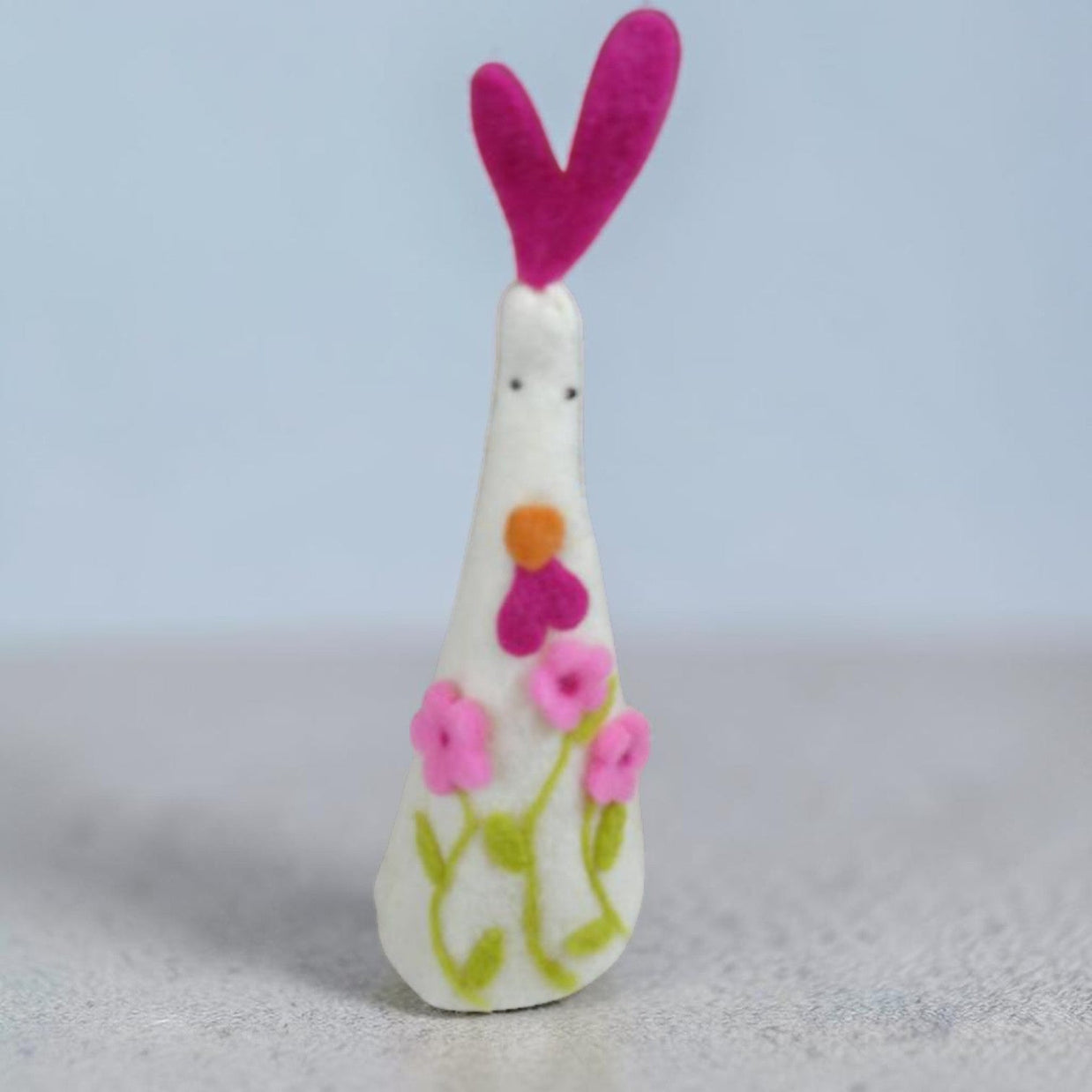Magis Art Shop felt rooster Easter decoration with pink heart comb and floral embroidery for egg cover
