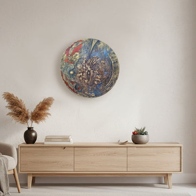 Magis Art Shop circular oil painting Sadenie by Fero Kučo featuring textured blue and red abstract night scene