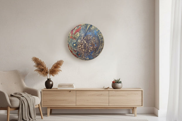 Magis Art Shop circular oil painting Sadenie by Fero Kučo featuring textured blue and red abstract night scene