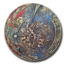 Magis Art Shop circular oil painting Sadenie by Fero Kučo featuring textured blue and gold abstract night scene