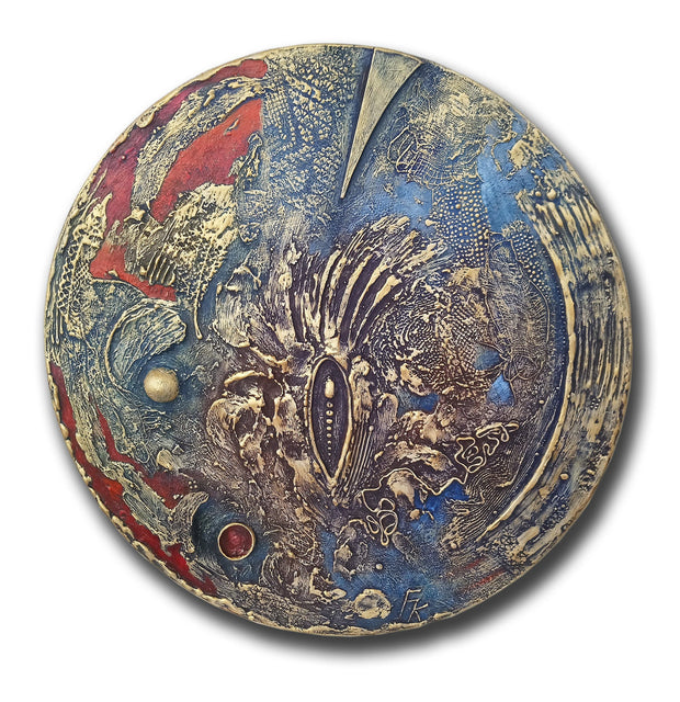 Magis Art Shop circular oil painting Sadenie by Fero Kučo featuring textured blue and gold abstract night scene