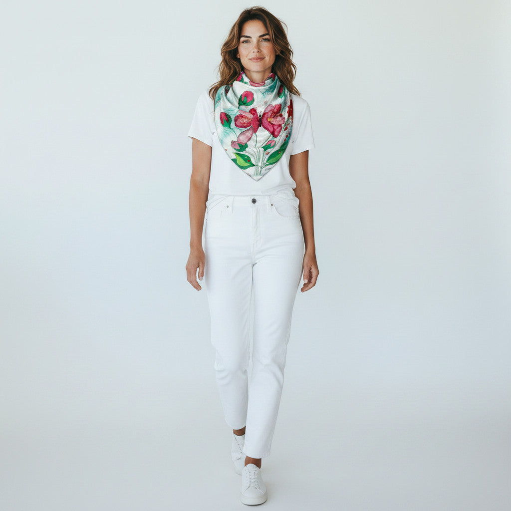 Magis Art Shop silk scarf with red floral pattern on a green background worn by a woman in white casual clothing