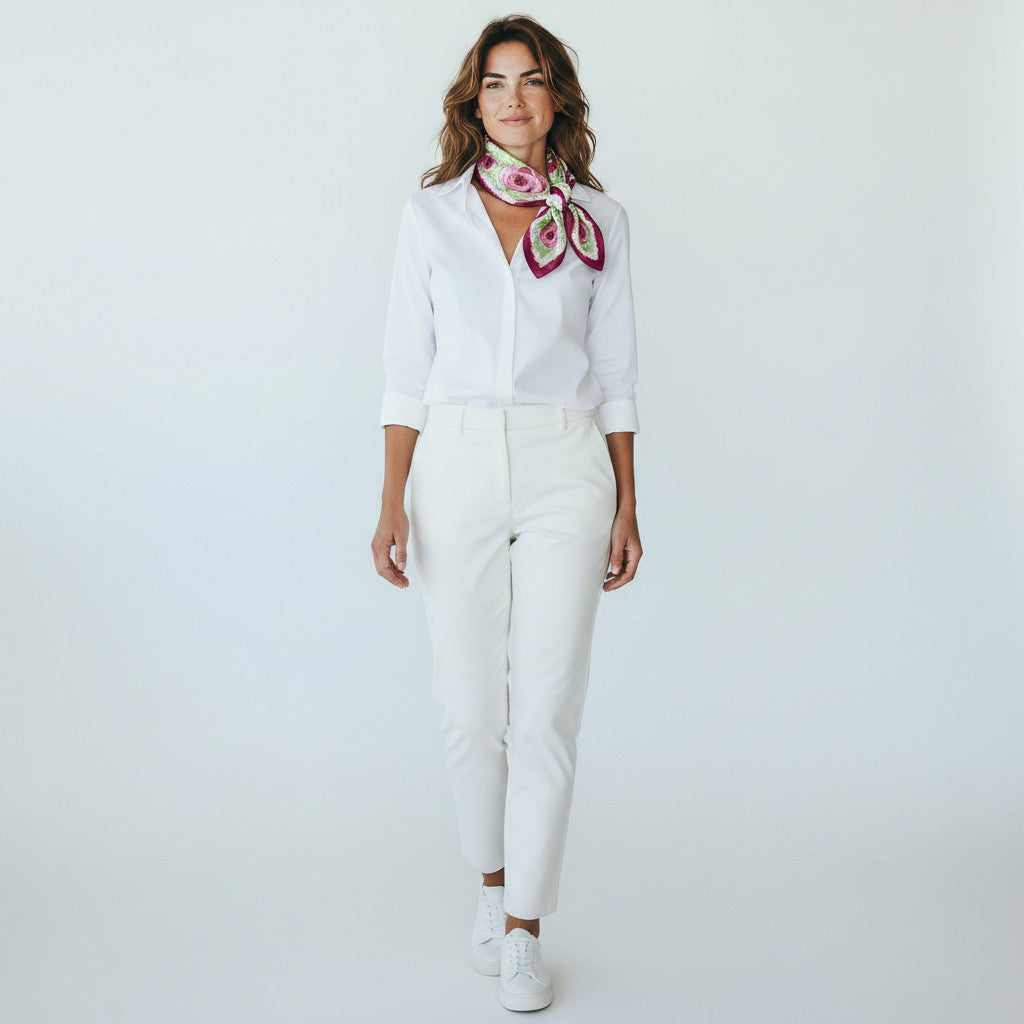 Magis Art Shop silk scarf with floral pattern worn by a woman in a white shirt and trousers against a plain background