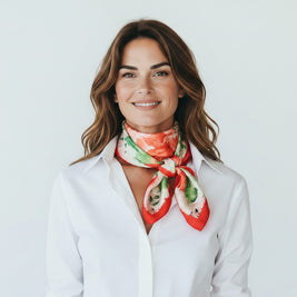 Magis Art Shop silk scarf with red and green floral pattern worn by a smiling woman in a white shirt