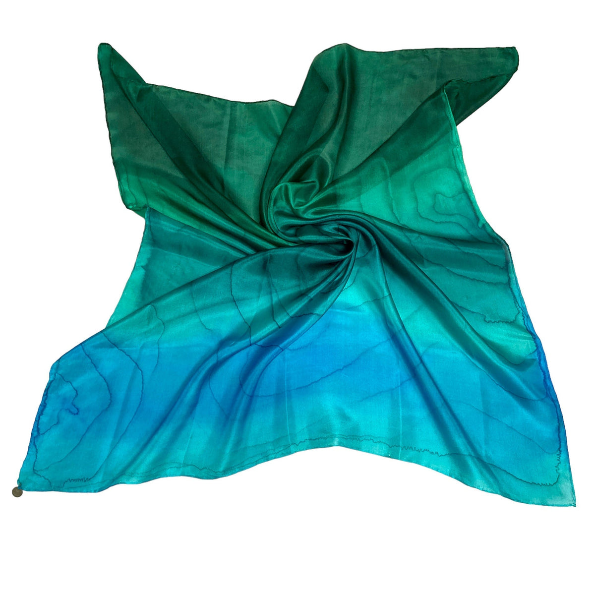 Magis Art Shop Elena Ruta Marchallé square silk scarf in a green and blue gradient with abstract line patterns.