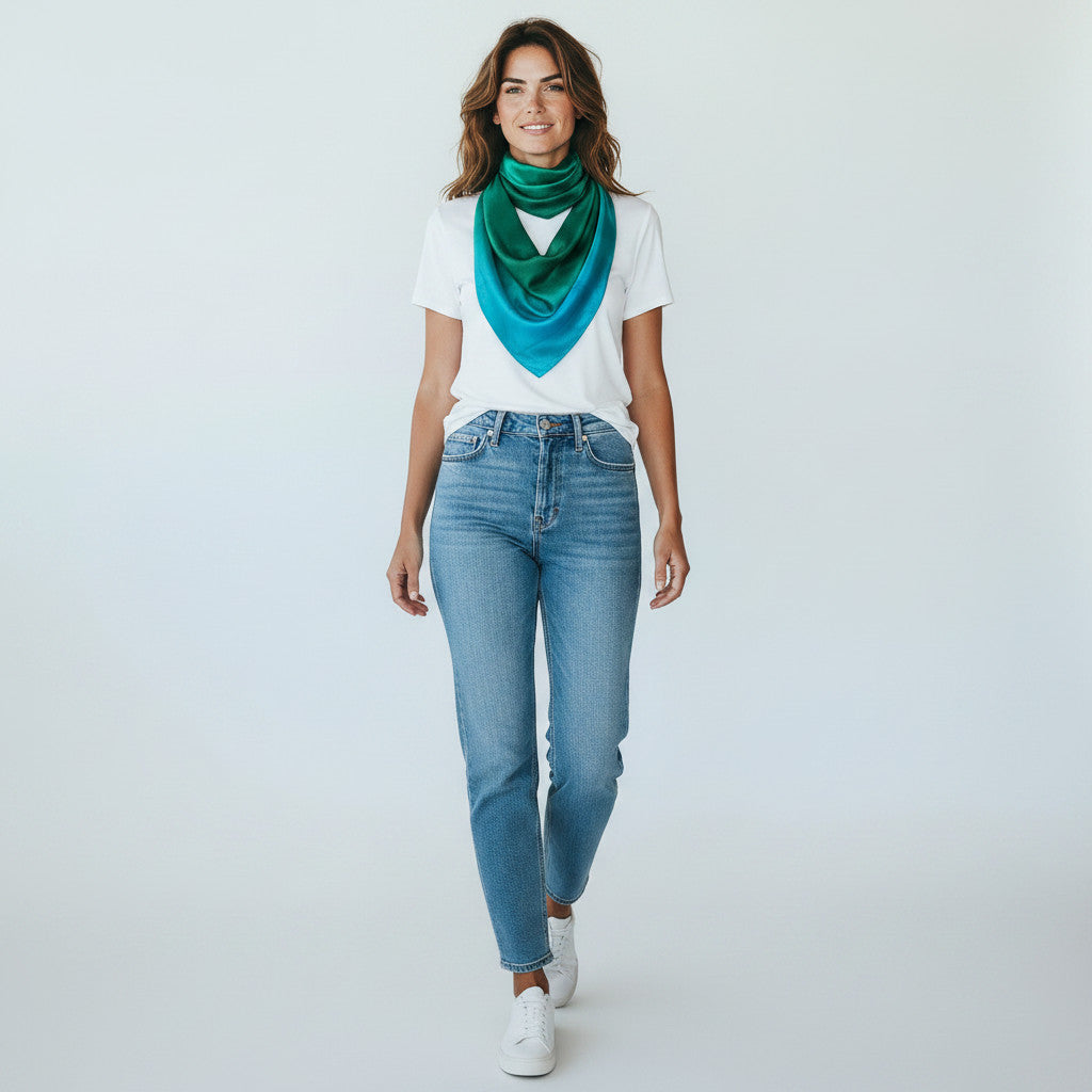 Magis Art Shop green and blue silk scarf worn by a woman in a white t-shirt and jeans against a white background.