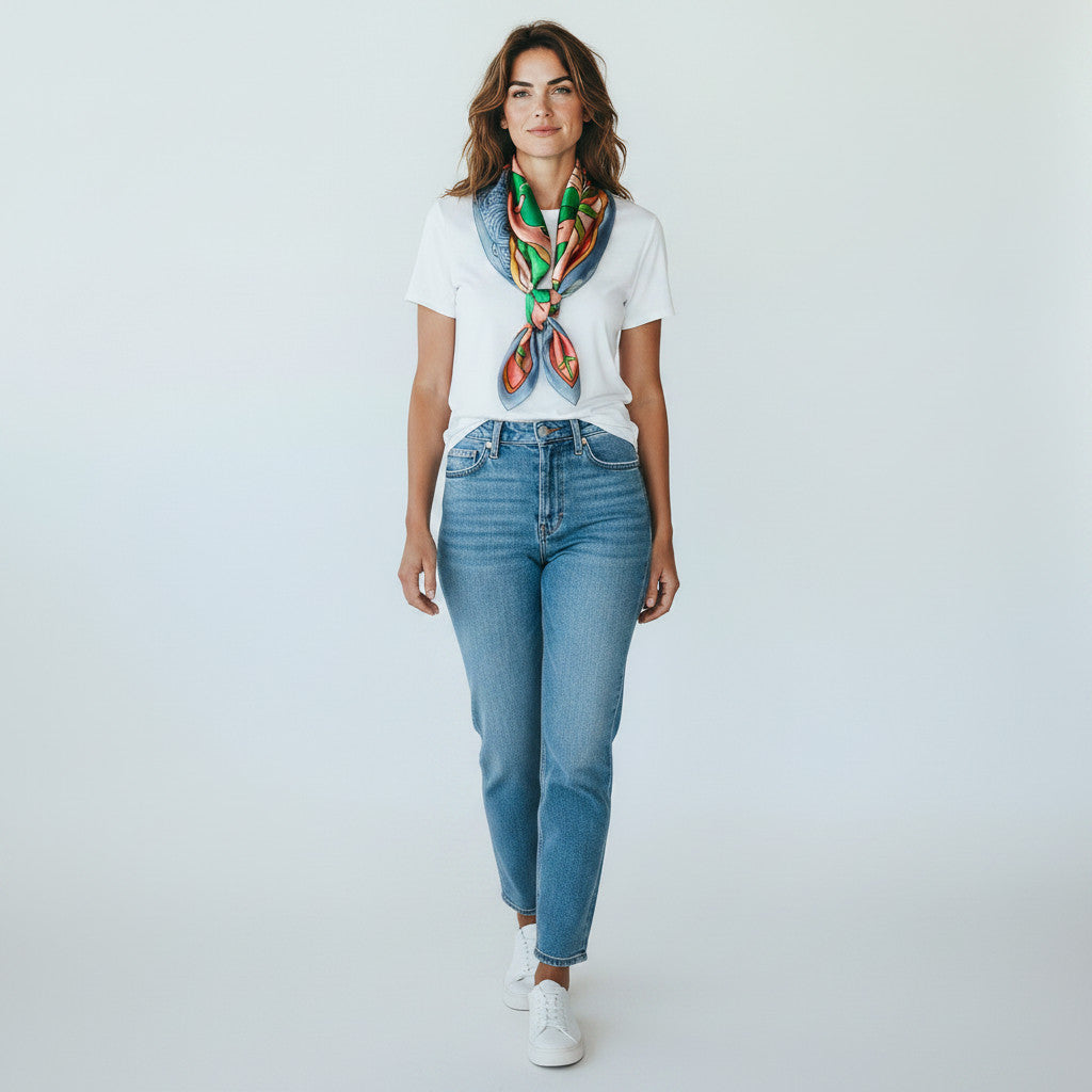 Magis Art Shop silk scarf in green and orange worn by a woman in a white t-shirt and blue jeans