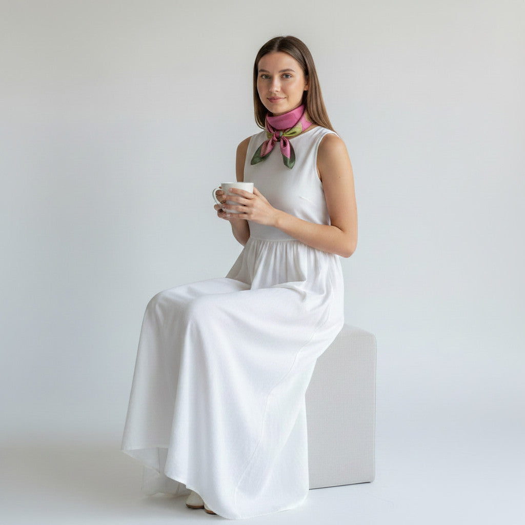 Magis Art Shop hand-painted green and pink silk scarf worn by a woman in a white dress holding a mug