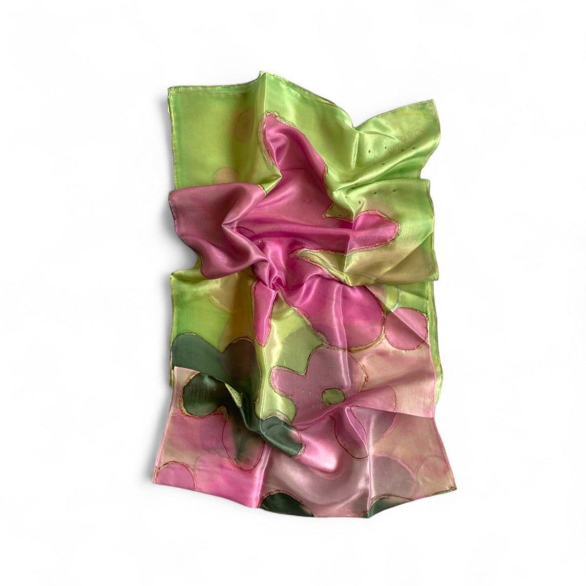 Magis Art Shop hand-painted green and pink floral silk scarf with a glossy finish and artistic contours