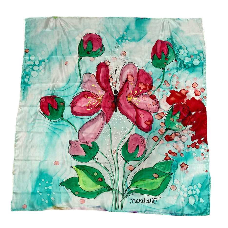 Magis Art Shop Elena Ruta Marchallé square silk scarf in green with hand-painted red floral and butterfly design