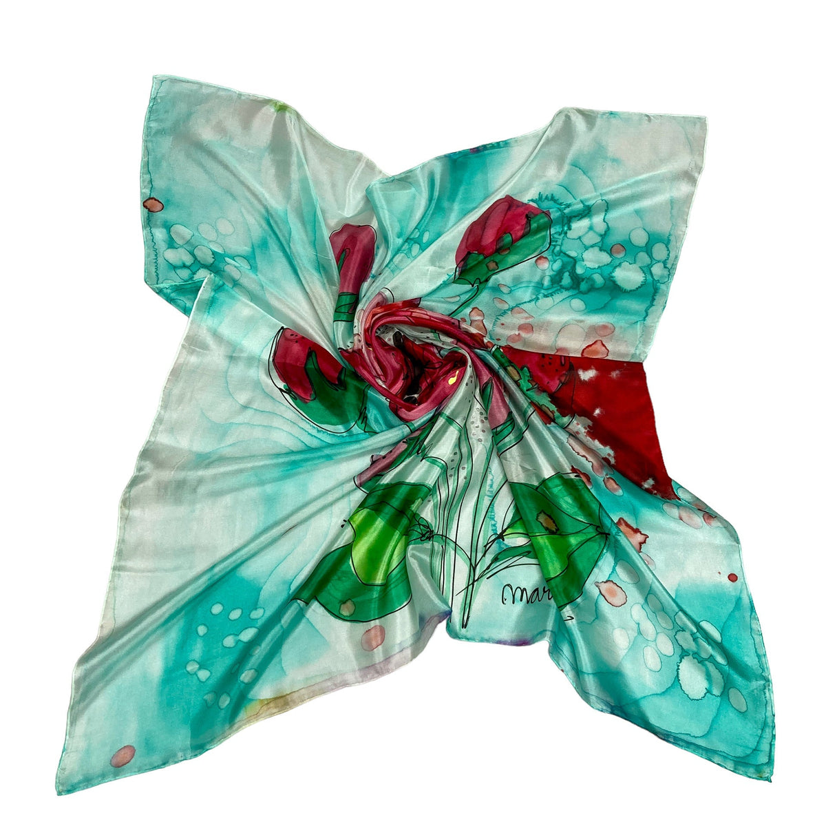 Magis Art Shop silk scarf in green with hand-painted red floral pattern, 90x90 cm square accessory